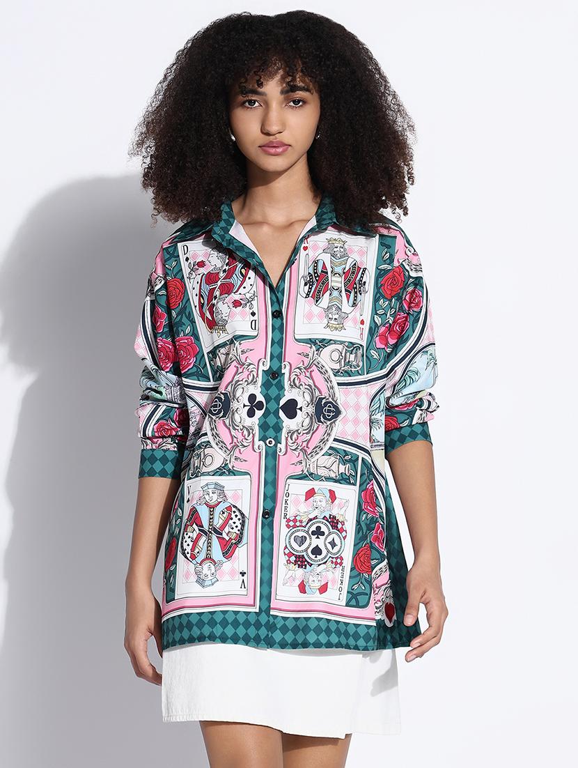 women printed collared oversized shirt - 21843476 - Standard Image - 1