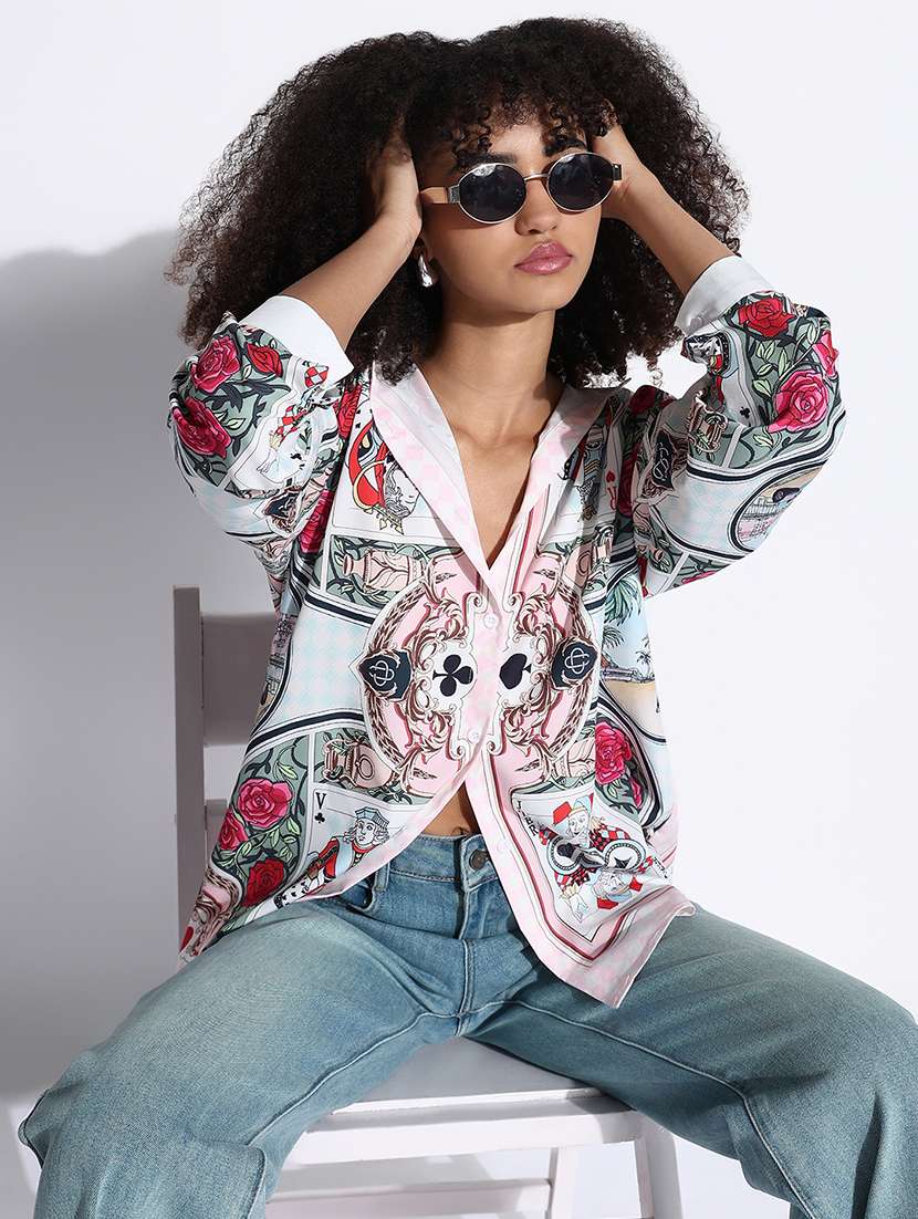 women printed collared oversized shirt