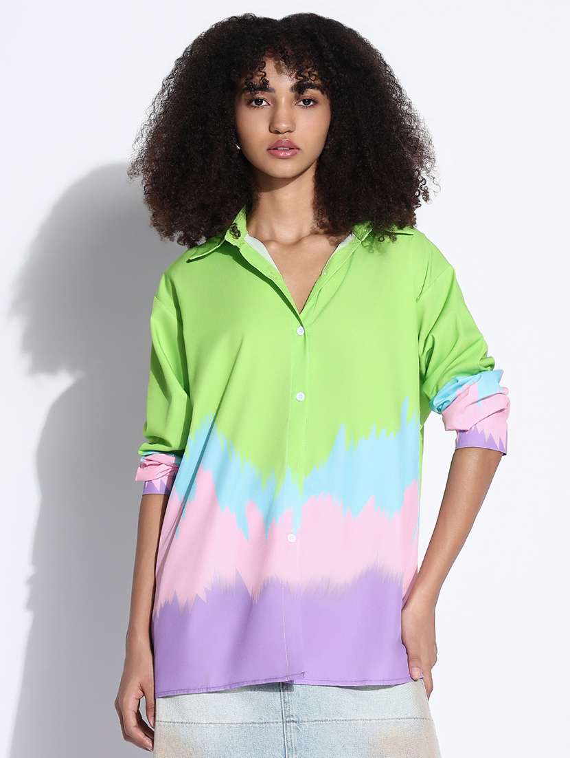 women color blocked collared oversized shirt - 21843483 -  Standard Image - 1