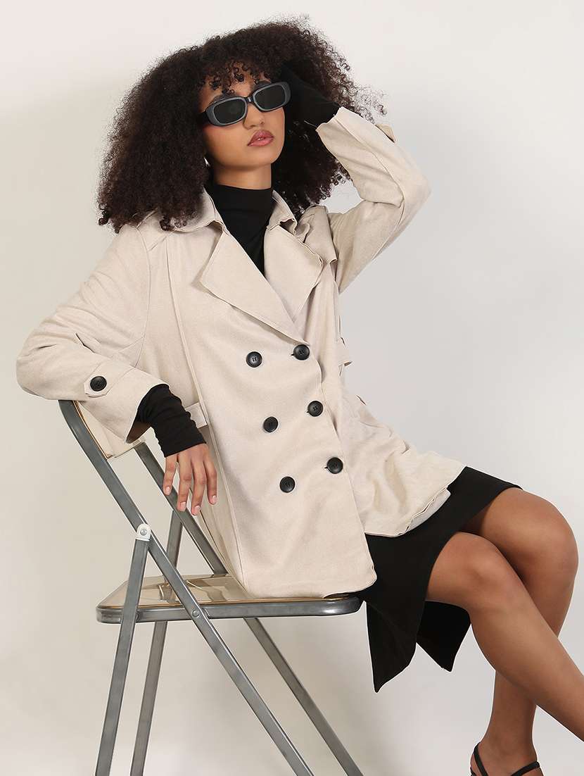 women solid long sleeves trench coat