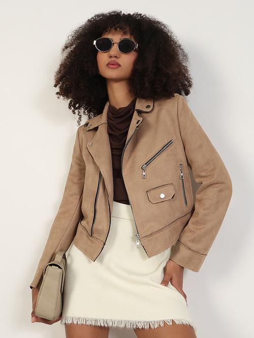 women solid long sleeves biker jacket - 21843502 -  Standard Image - 0