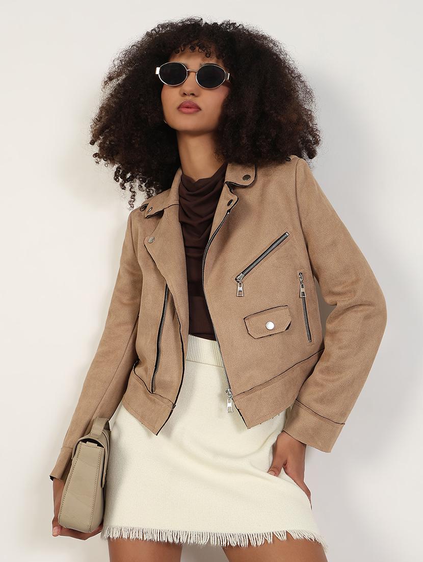 women solid long sleeves biker jacket - 21843502 -  Zoom Image - 0
