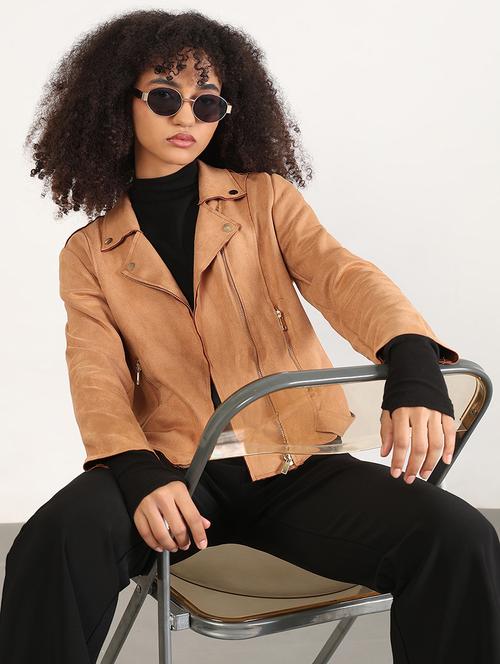 women solid long sleeves biker jacket - 21843504 - Standard Image - 0