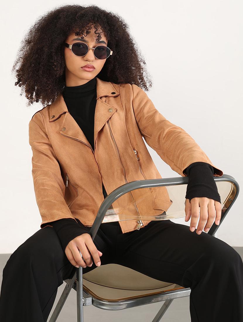 women solid long sleeves biker jacket - 21843504 - Zoom Image - 0