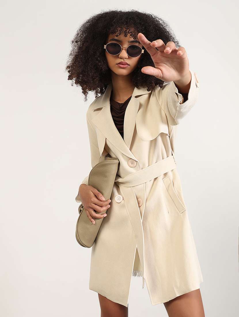 women solid long sleeves trench coat
