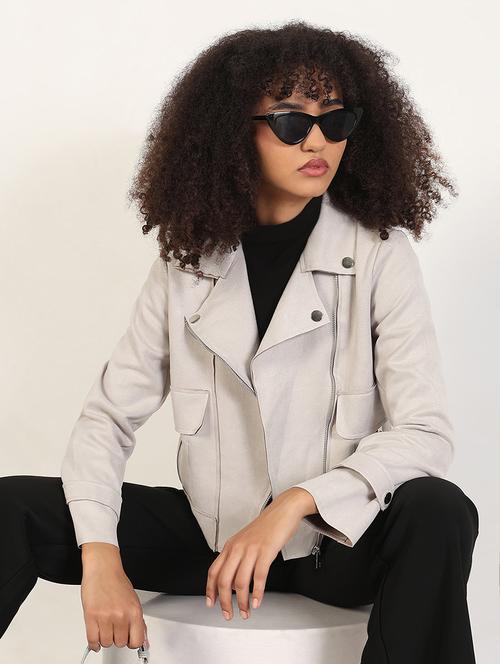 women solid long sleeves biker jacket - 21843510 -  Standard Image - 0