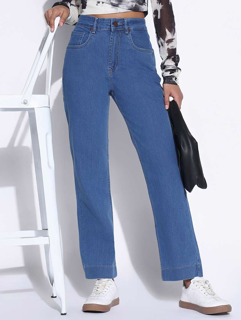 women solid high rise straight fit jean