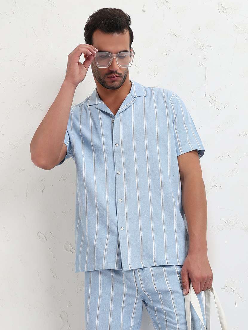 men light blue stripes short sleeve co-ord set