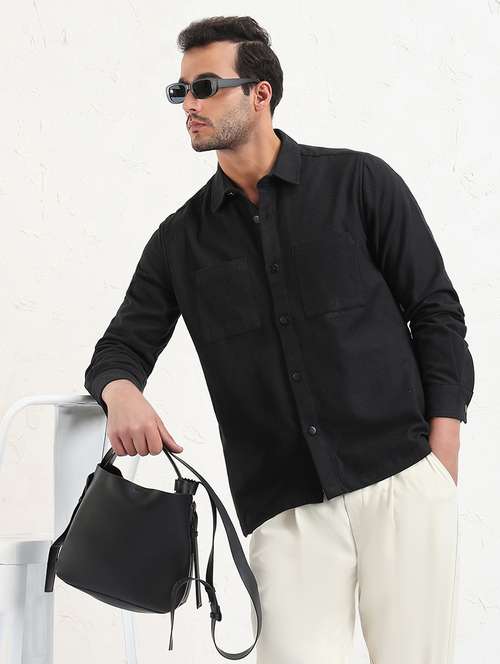 men black solid long sleeve regular fit shacket - 21843581 - Standard Image - 0