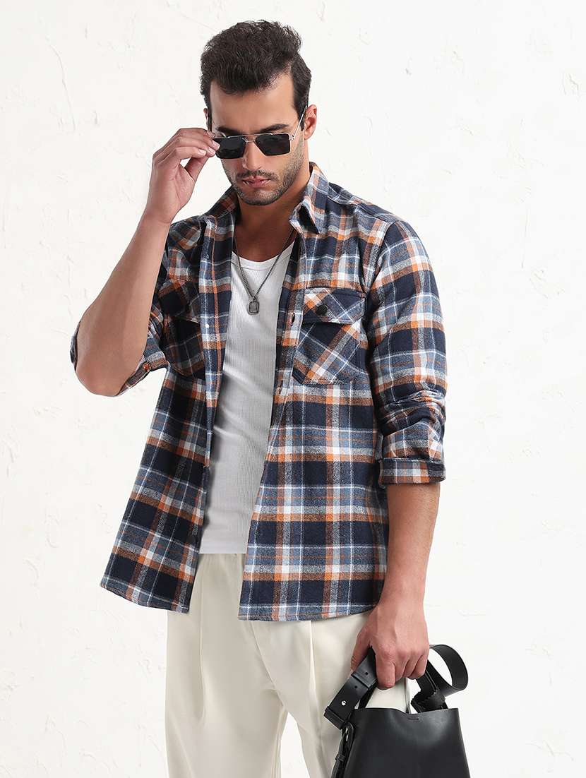 men navy blue checked long sleeve regular fit shacket