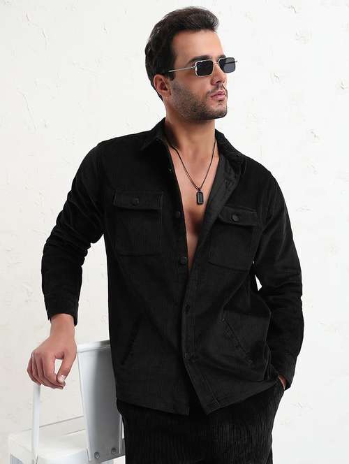 men black solid long sleeve regular fit shacket