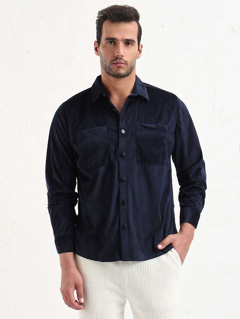 men navy blue solid long sleeve regular fit shacket