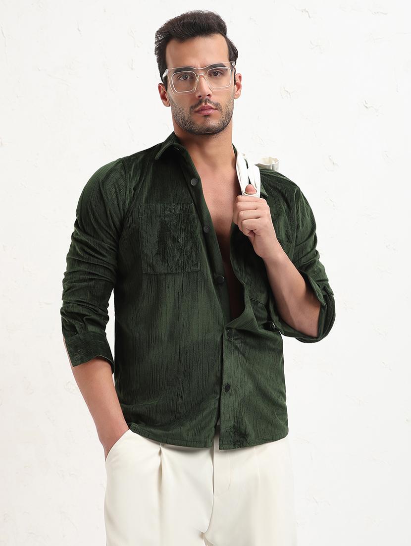 men green solid long sleeve regular fit shacket - 21843598 - Zoom Image - 0