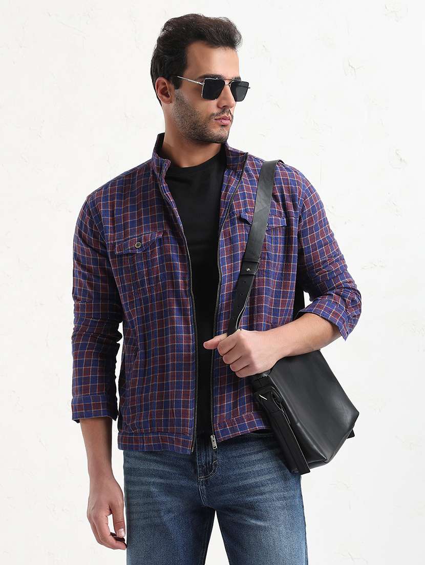 men blue checked long sleeve regular fit shacket