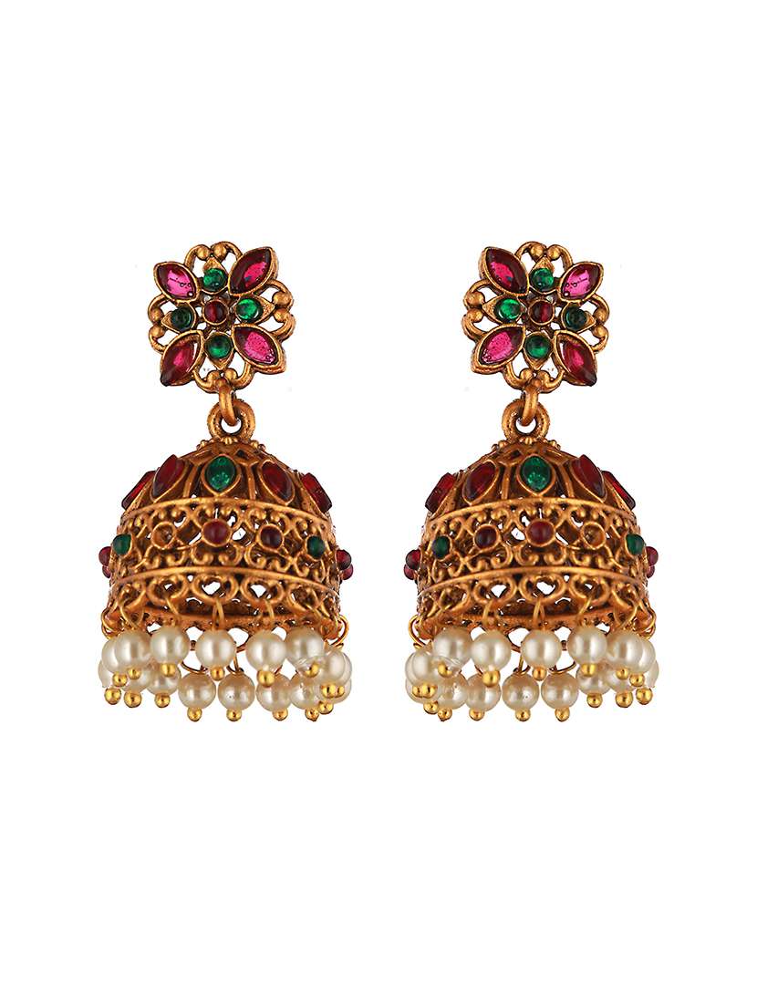 gold plated temple jhumkas earrings - 21843639 -  Standard Image - 1