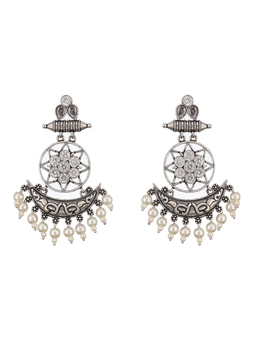 oxidised silver toned ad stone studded minimal chandelier earrings - 21843743 -  Standard Image - 1