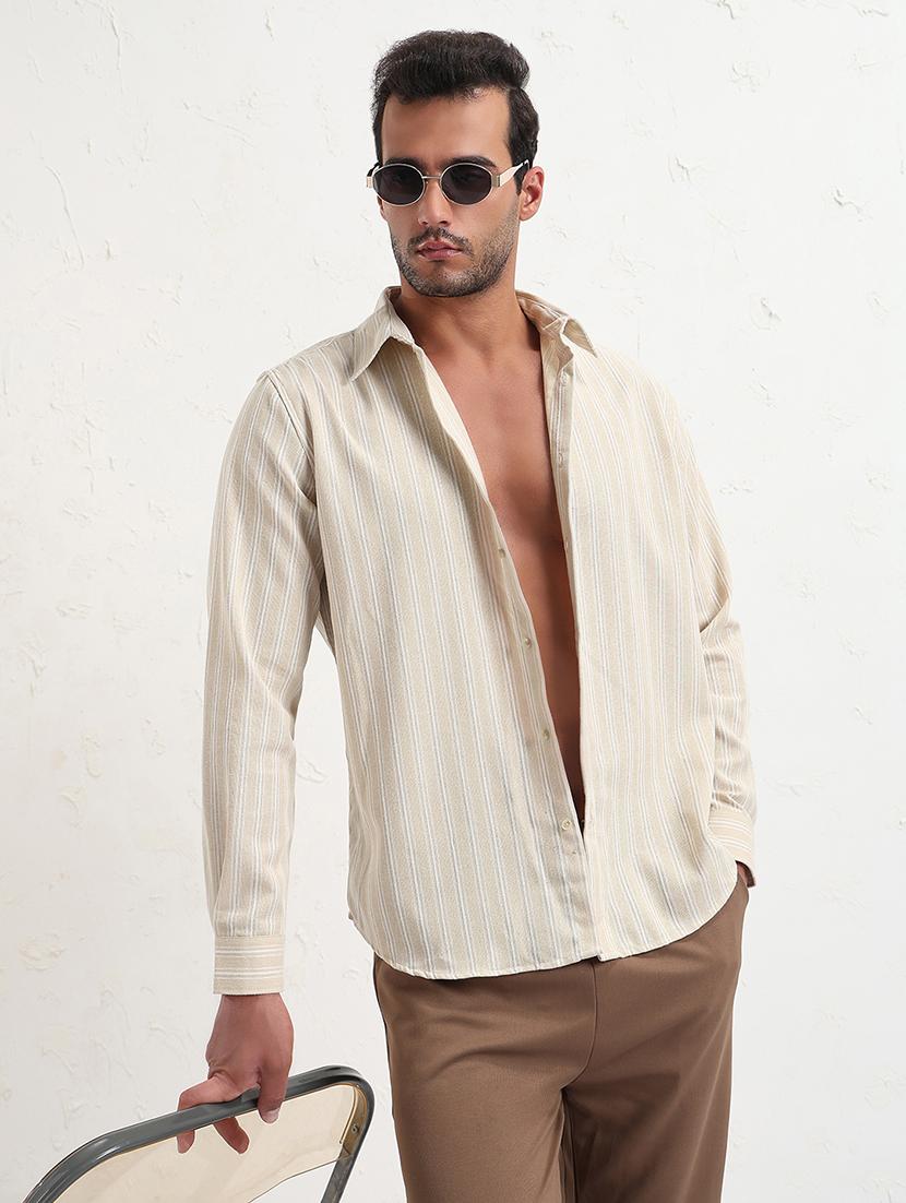 men cream stripes long sleeve regular fit casual shirt - 21843816 - Zoom Image - 0