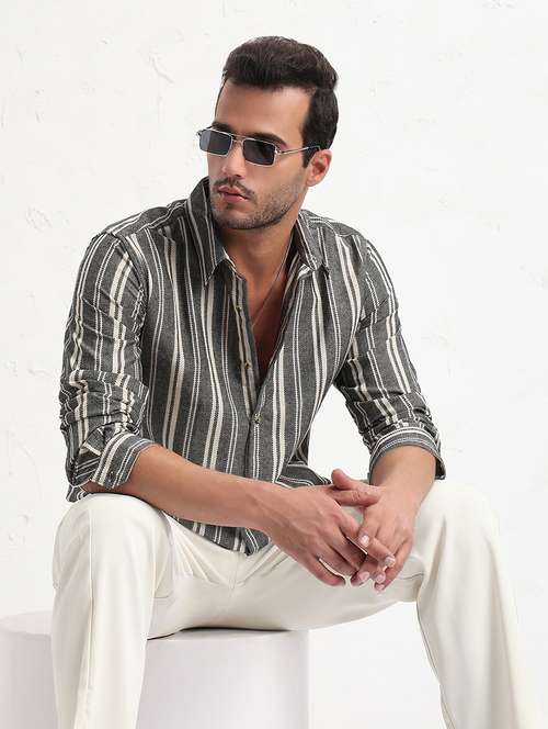men grey stripes long sleeve slim fit casual shirt - 21843817 - Standard Image - 0