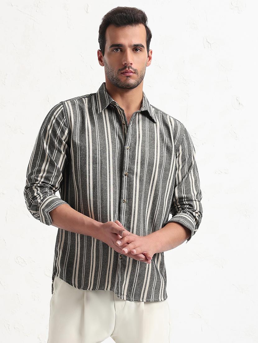 men grey stripes long sleeve slim fit  casual shirt - 21843817 -  Standard Image - 1