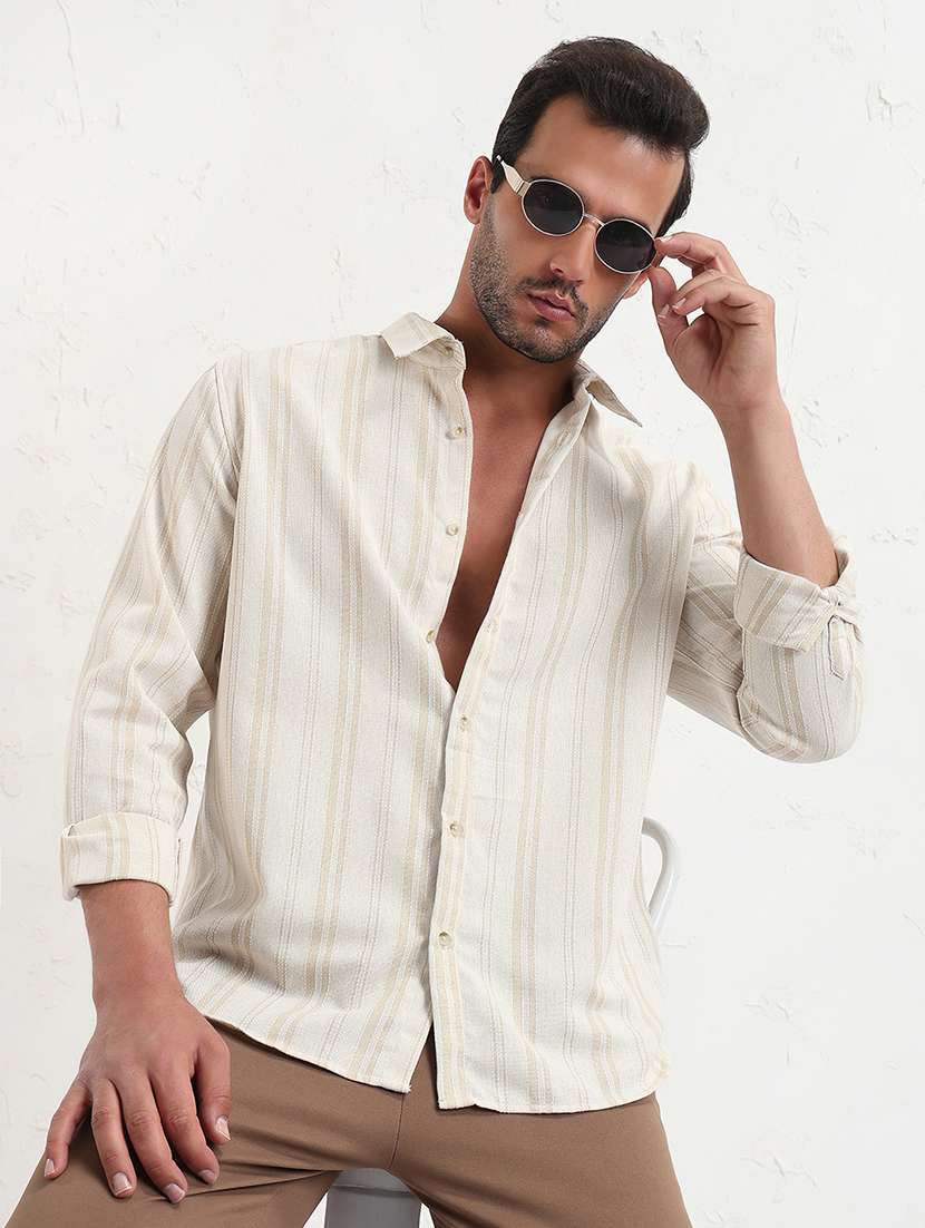 men cream stripes long sleeve regular fit  casual shirt