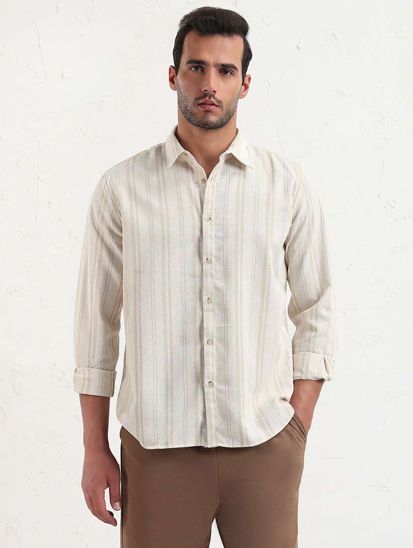 men cream stripes long sleeve regular fit  casual shirt - 21843818 -  Standard Image - 1