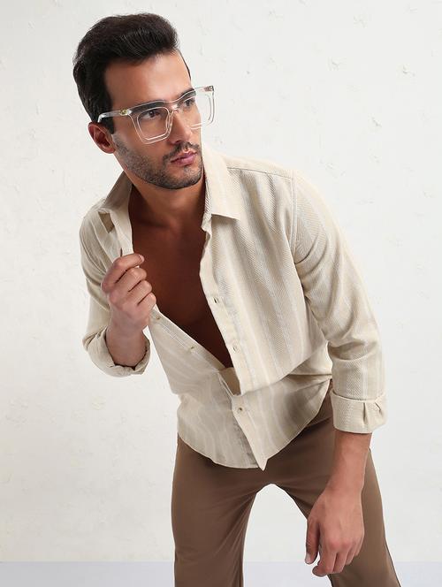 men cream stripes long sleeve regular fit casual shirt - 21843820 - Standard Image - 0