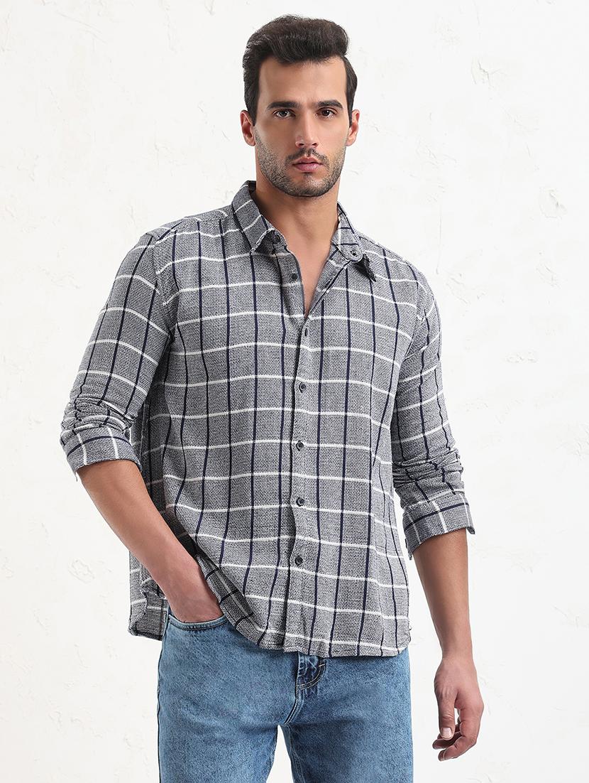 men grey checked long sleeve regular fit casual shirt - 21843821 - Standard Image - 1