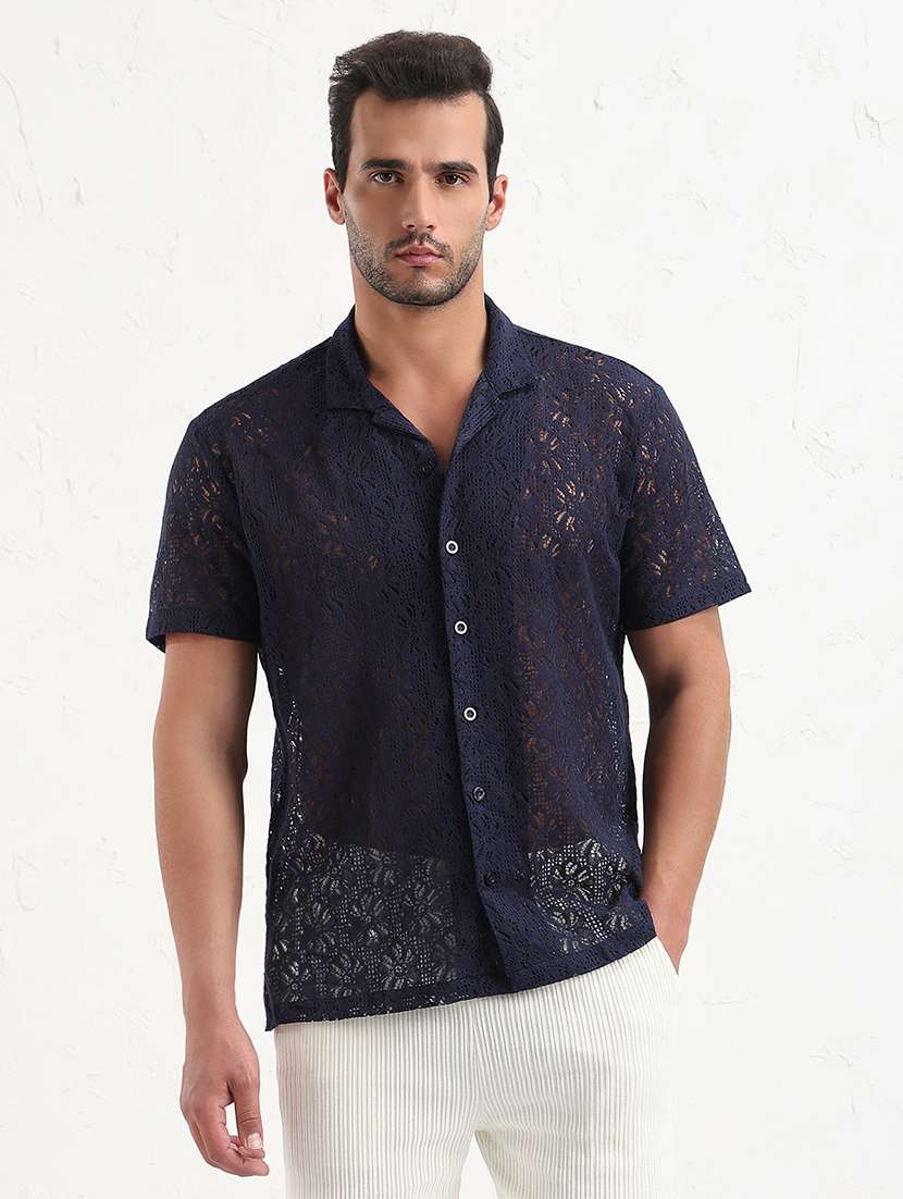 men navy blue self design short sleeve regular fit  casual shirt - 21843822 -  Standard Image - 1