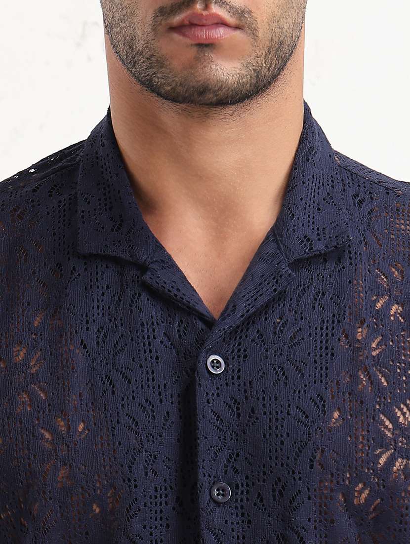 men navy blue self design short sleeve regular fit  casual shirt - 21843822 -  Standard Image - 4