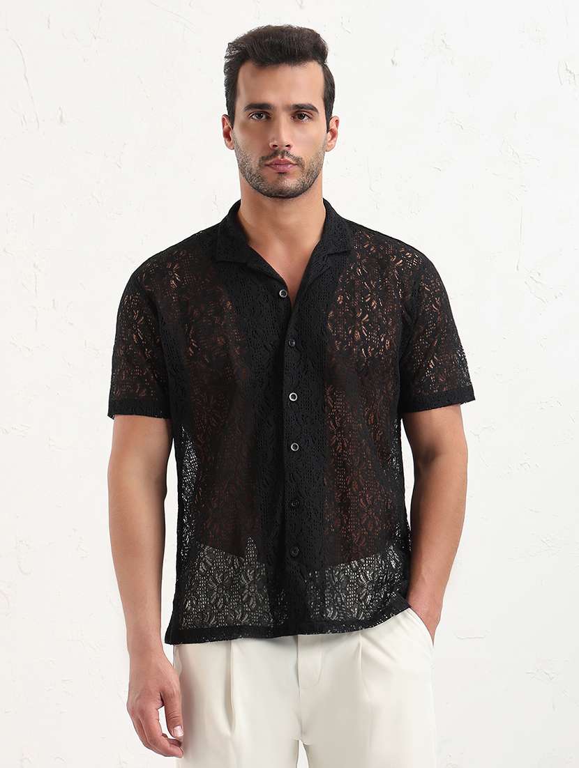 men black self design short sleeve regular fit  casual shirt - 21843823 -  Standard Image - 1