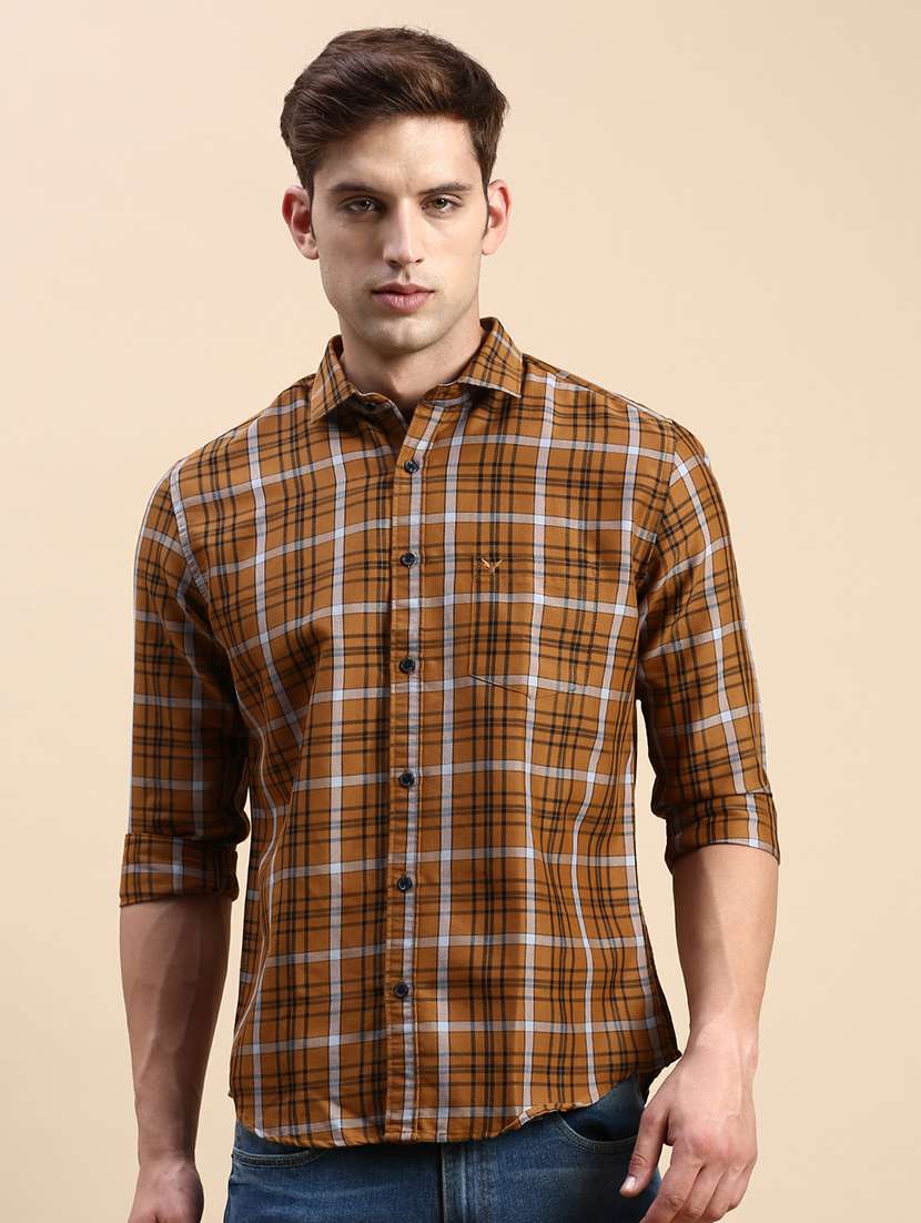 men brown checked long sleeve slim fit casual shirt  - 21843832 -  Standard Image - 1