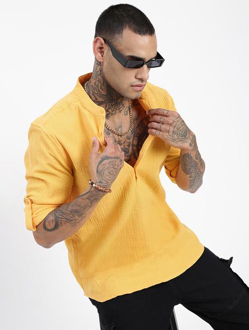 men yellow solid long sleeve regular fit short kurta - 21843850 - Standard Image - 0