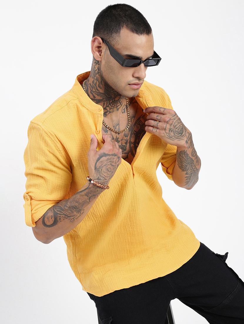 men yellow solid long sleeve regular fit short kurta