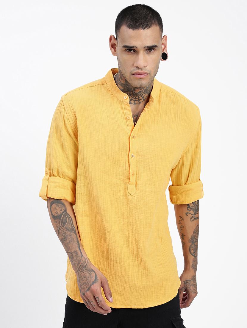 men yellow solid long sleeve regular fit short kurta - 21843850 - Standard Image - 1