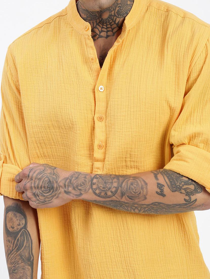men yellow solid long sleeve regular fit short kurta - 21843850 - Standard Image - 4