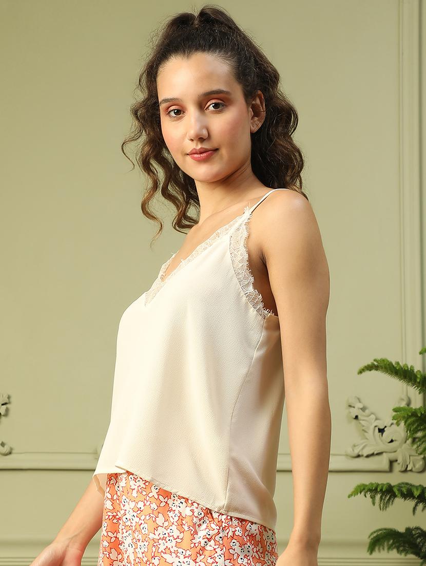 women solid lace detailed sleeveless tank top - 21843851 - Standard Image - 1