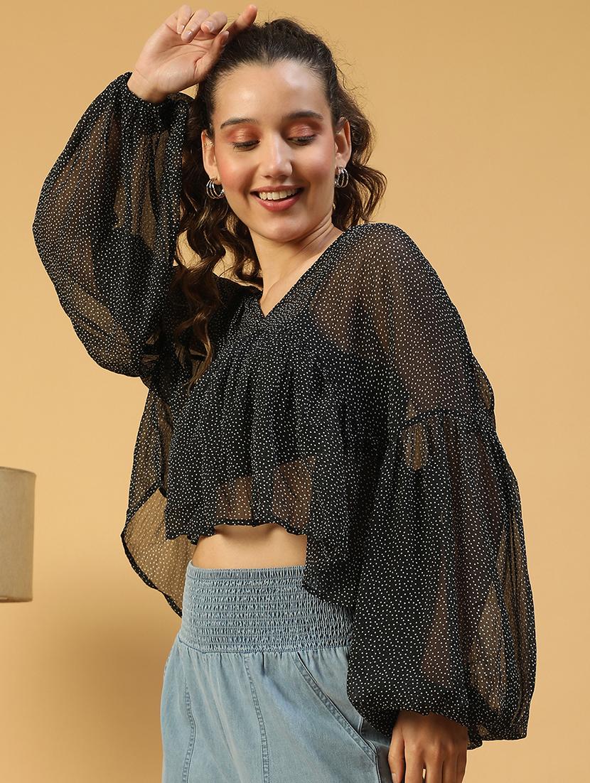 women polka doted puff sleeves crop top - 21843852 -  Standard Image - 1