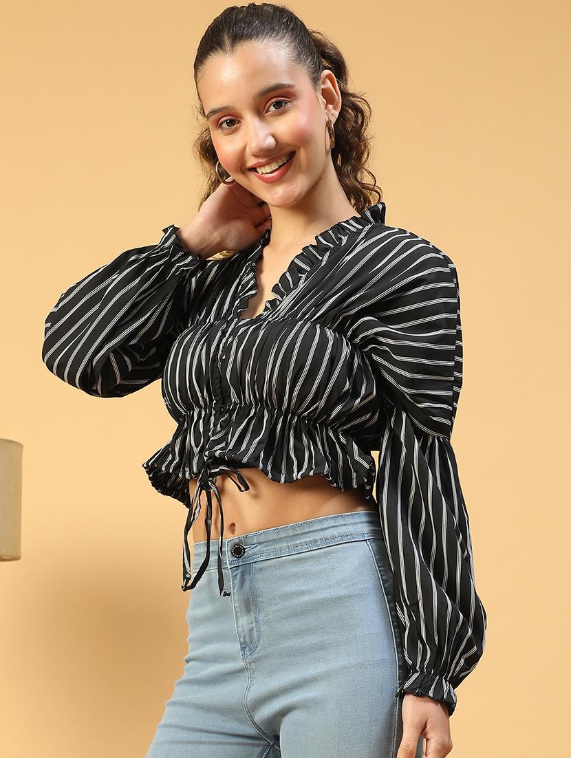women striped puff sleeves crop top - 21843854 - Standard Image - 1