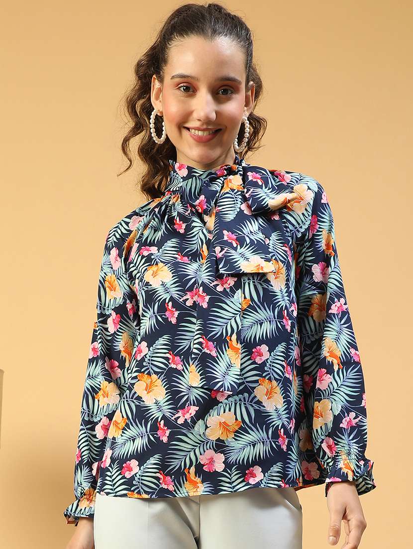 women printed tie-up neck long sleeves top