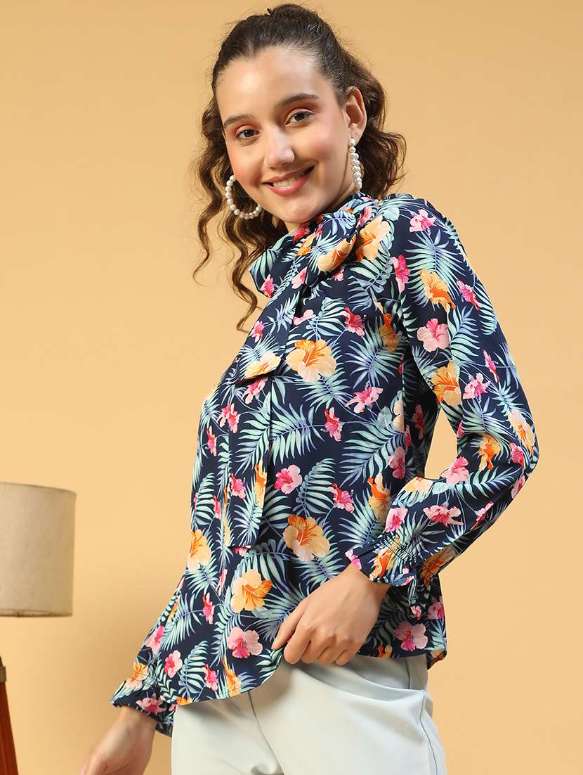 women printed tie-up neck long sleeves top - 21843855 -  Standard Image - 1