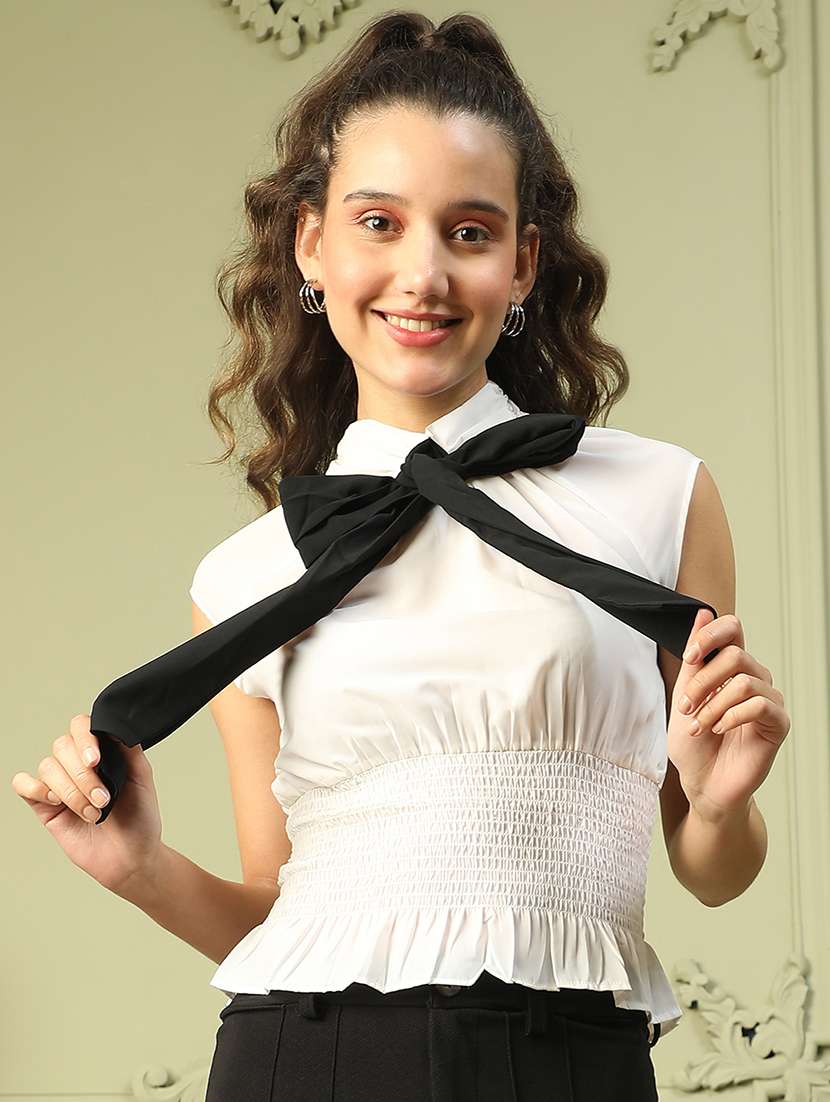 women solid tie-up neck sleeveless blouson top - 21843861 -  Zoom Image - 0