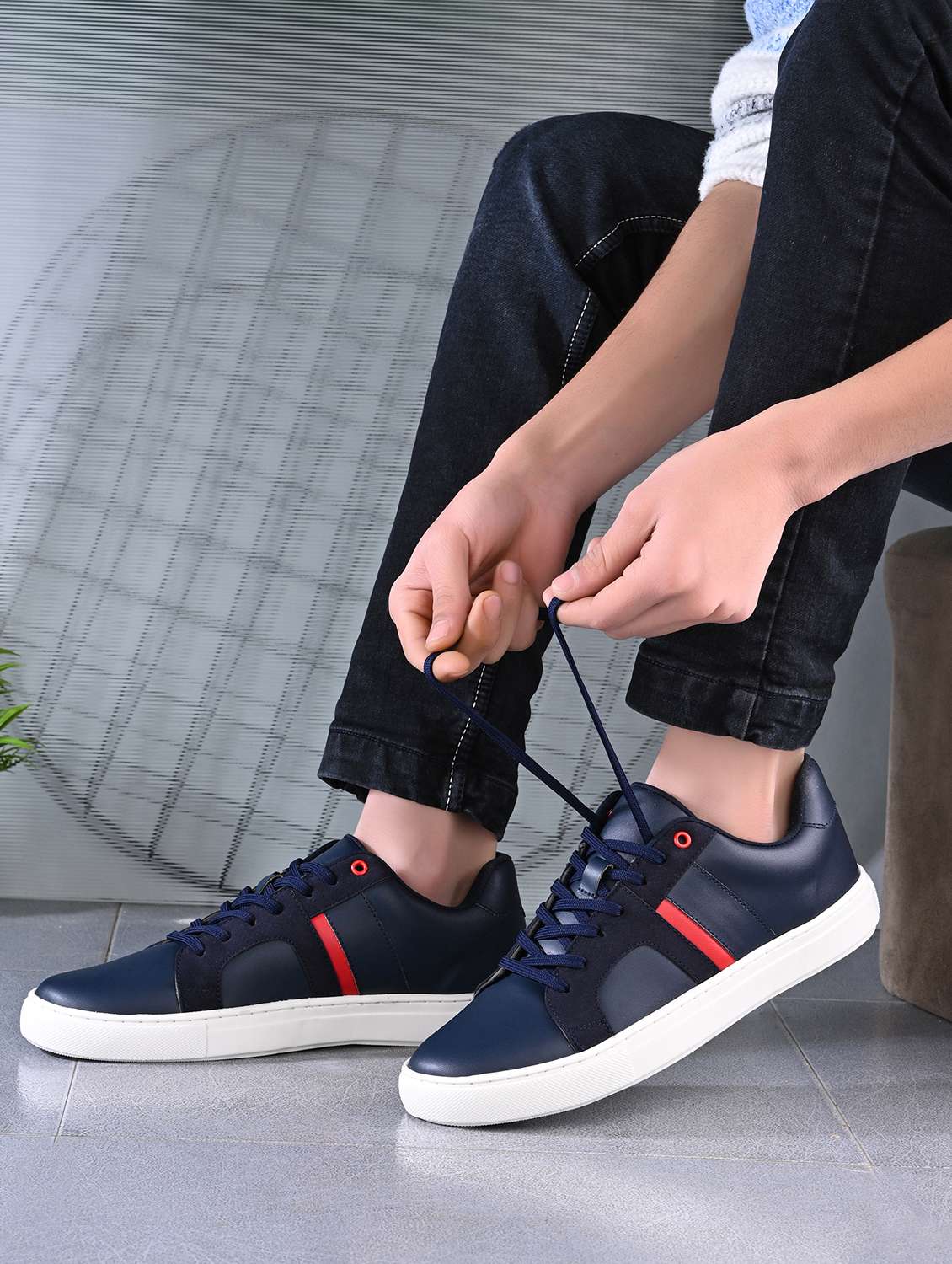 men navy blue lace up sneaker - 21843883 -  Standard Image - 1