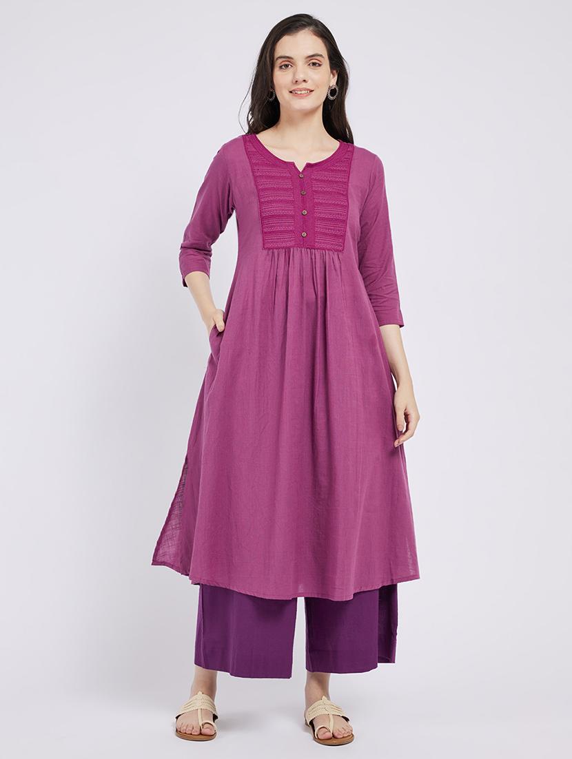 women solid three quarter sleeve a-line kurta - 21843889 -  Zoom Image - 0