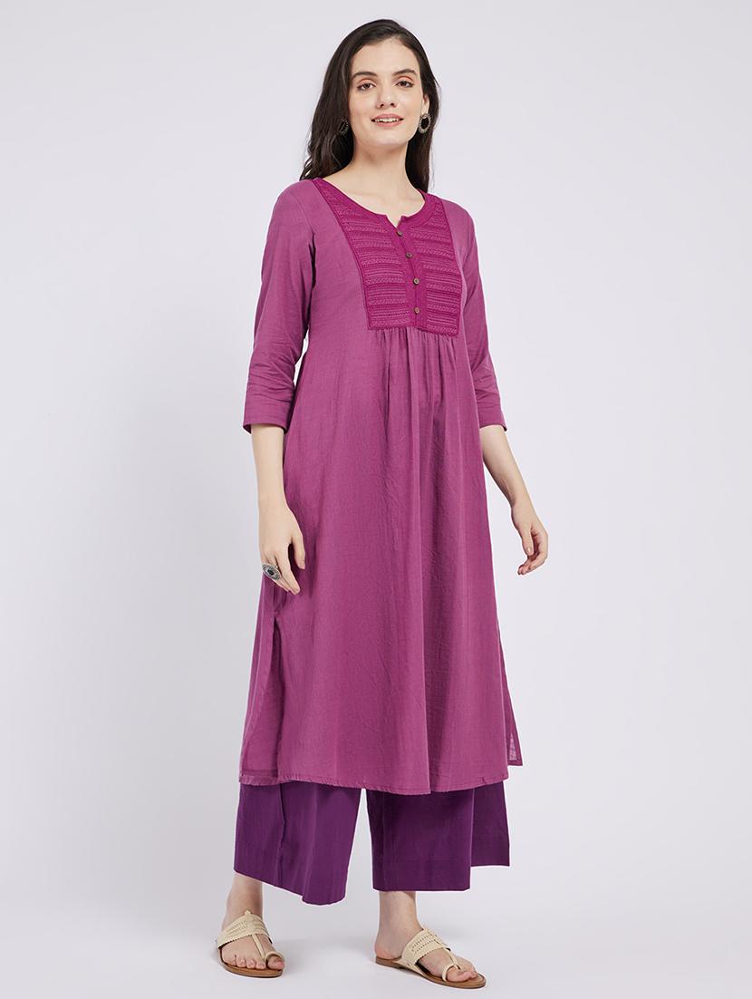 women solid three quarter sleeve a-line kurta - 21843889 - Standard Image - 1