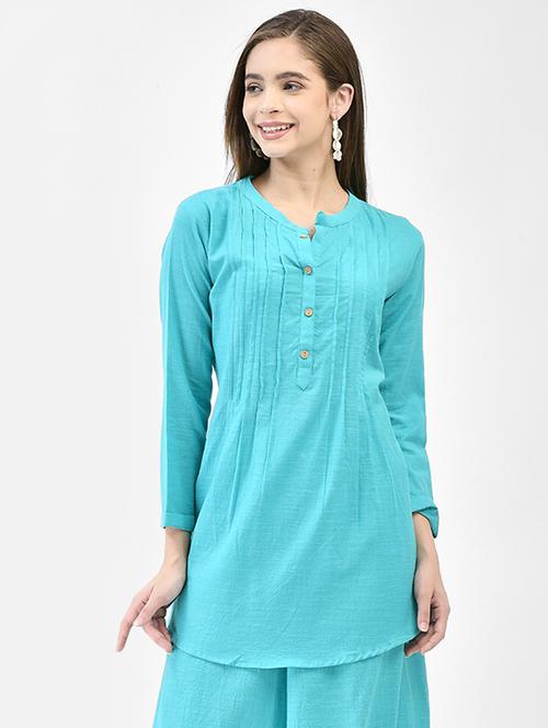 women blue solid long sleeve a-line kurti - 21843894 - Standard Image - 0