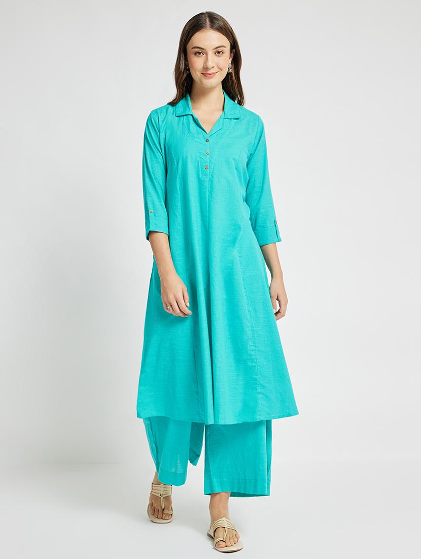 women blue solid roll up sleeve a-line kurta