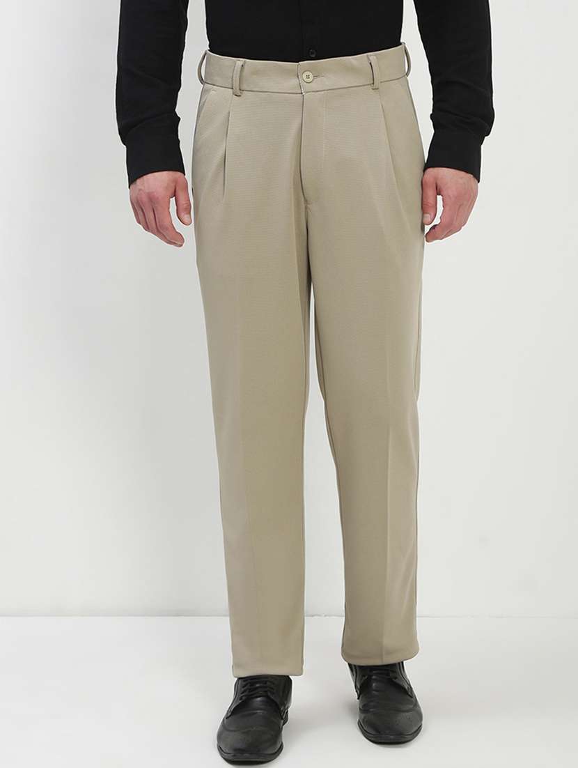 men beige solid ragular fit low rise formal trouser