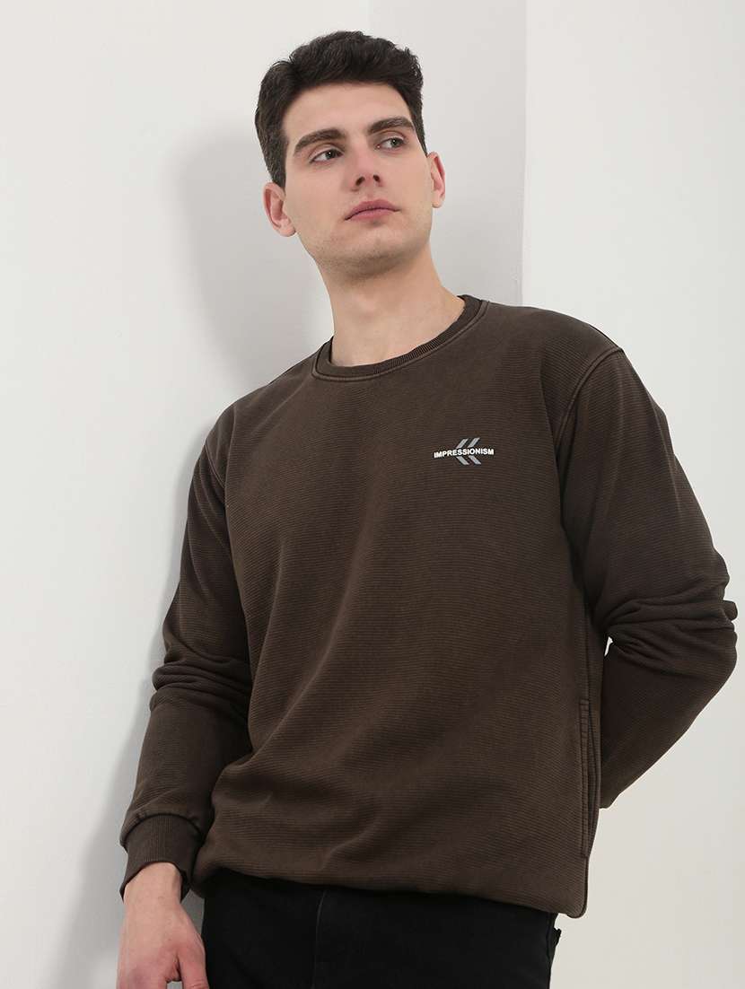 men brown long sleeve solid slim fit sweatshirt