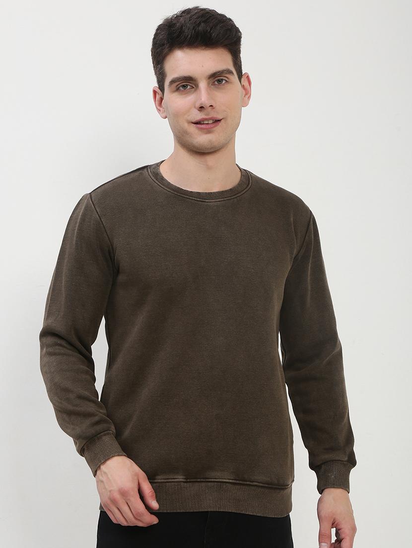 men brown long sleeve solid slim fit sweatshirt - 21843955 - Zoom Image - 0