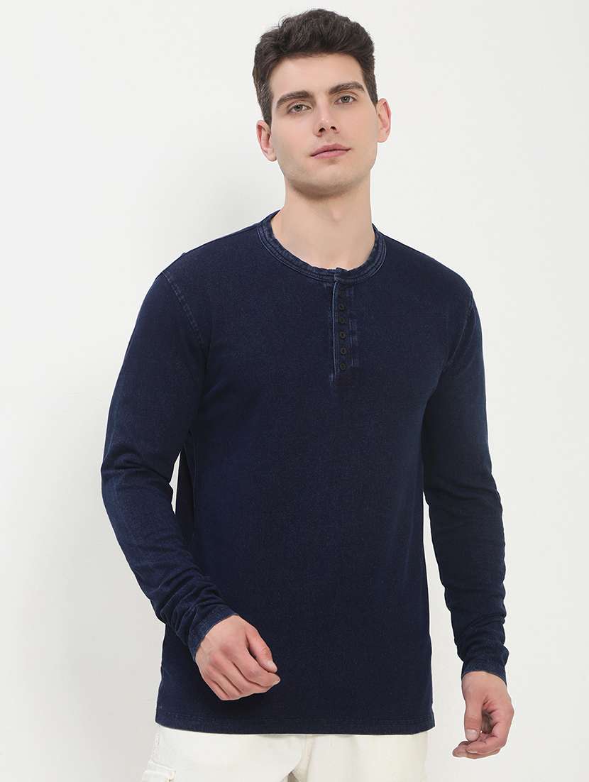 men navy blue long sleeve solid slim fit t-shirt - 21843958 - Standard Image - 1